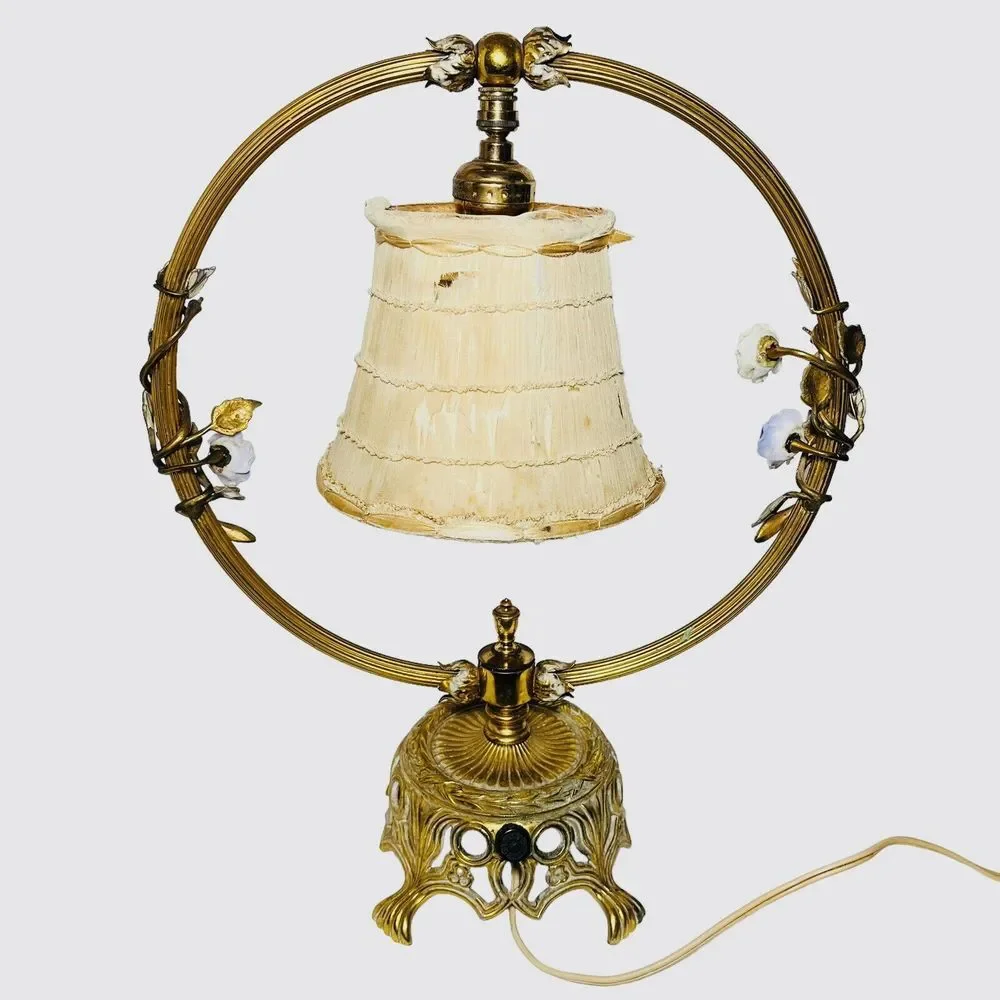 Vintage French‎ Ormolu Porcelain Flowers Tole Toleware Boudoir Gold Circle Lamp